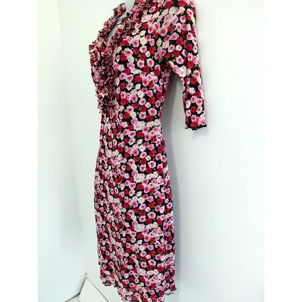 VTG Y2K 90s Zinc Mesh Dress XS/S Pink Red Floral Fairy Romantic Stretch Ruffle‎ - Picture 3 of 13